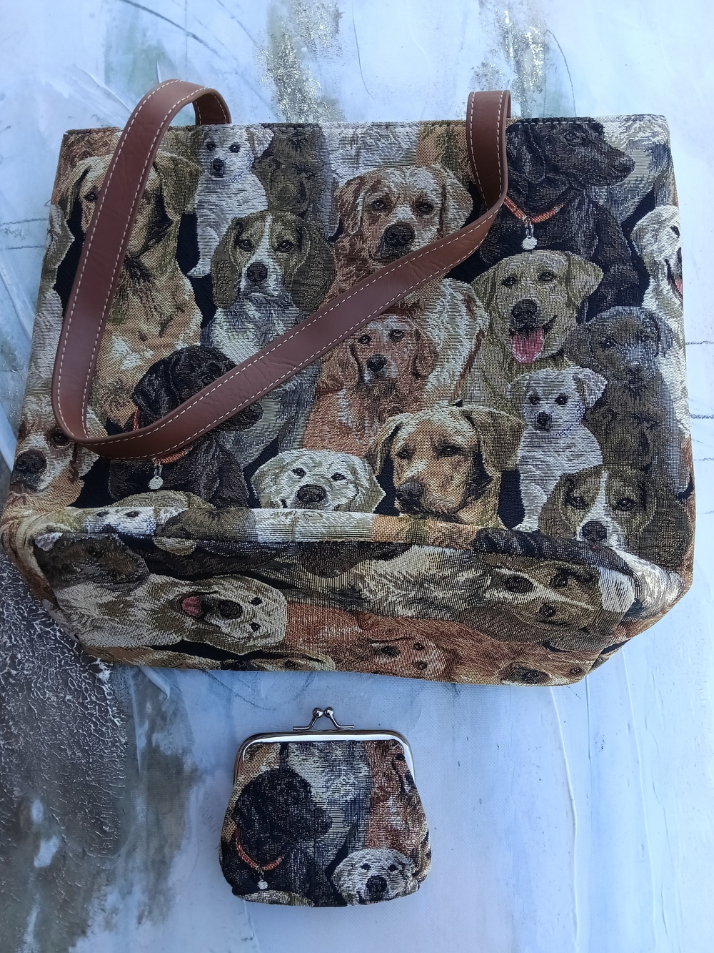 Dog Pattern Tapestry Tote Bag with Coin Purse - Brown Multicolor